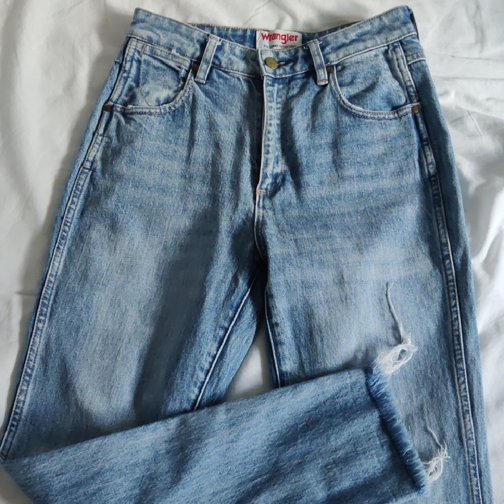 Wrangler Blue Straight Leg Denim with Natural Whiskering